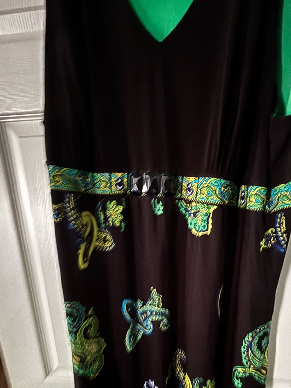 Maggie Barnes Black Dress with Green V-Neck Lining